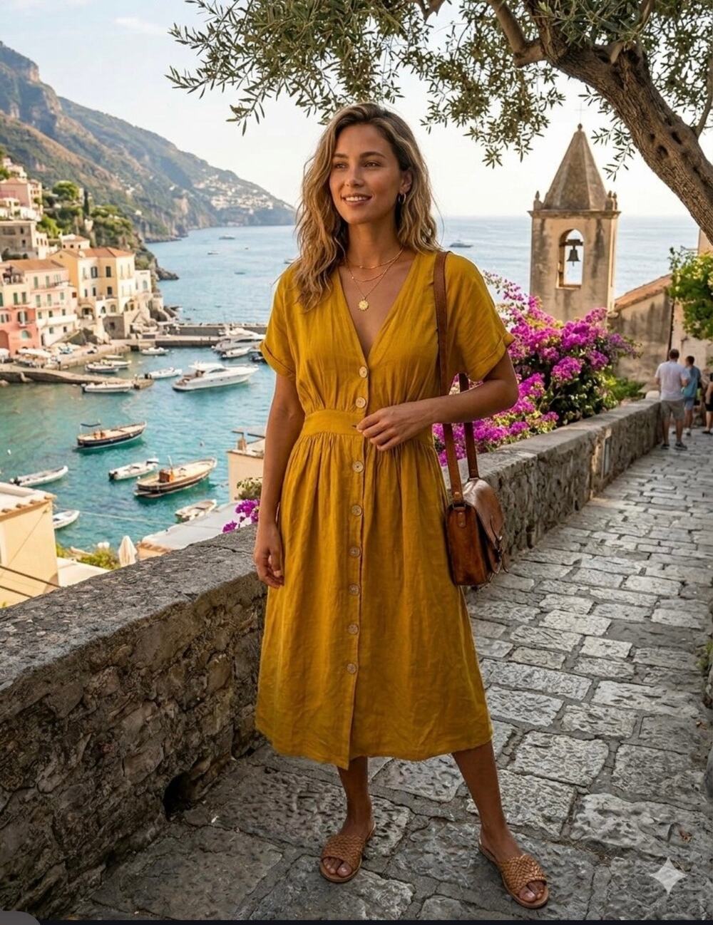 PURO LINO Made In Italy 100%Linen MustardYellow Boho cottagecore sundress